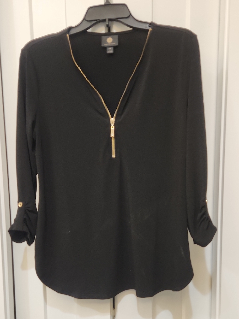 JM Collection Black Blouse with Gold Zip Detail